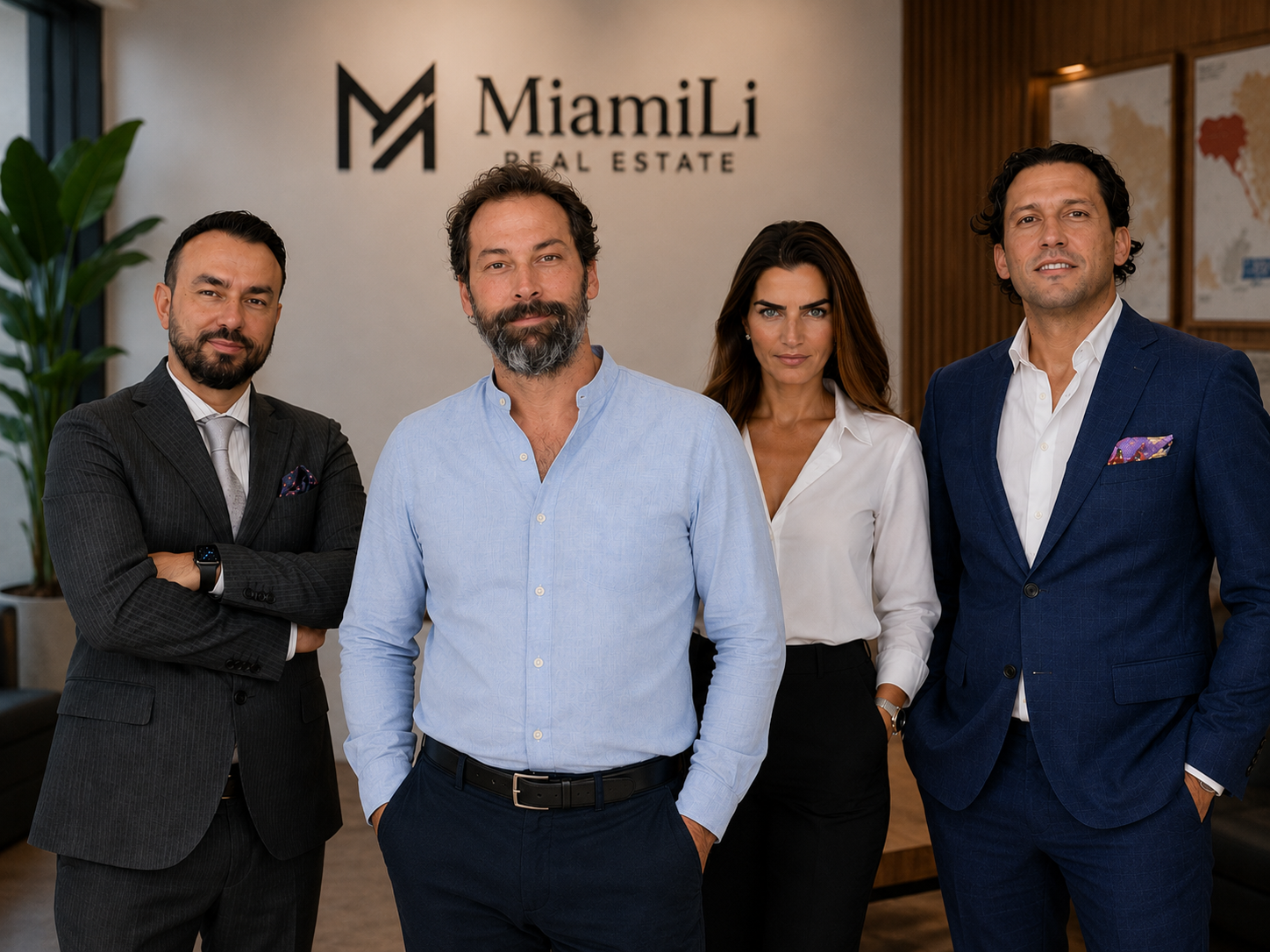 MiamiLi Real Estate ekibi — Berkin Sarı, Erman Adanır, Burcu Gören ve Can Ülker, MiamiLi logolu ofis duvarının önünde