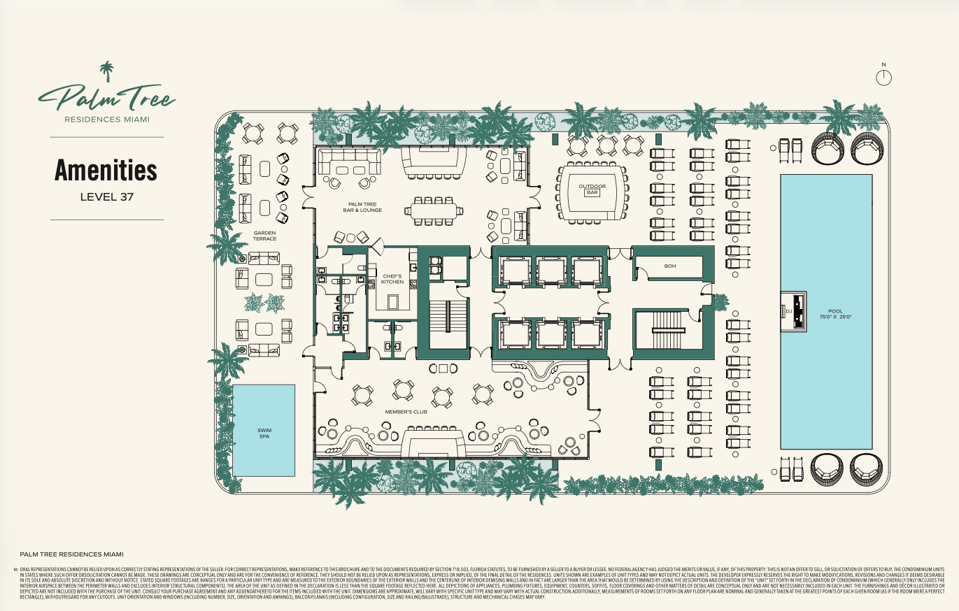 Level 37 amenite kat planı — Palm Tree Bar & Lounge, Member's Club, Chef's Kitchen, Outdoor Bar, Swim Spa ve 75x25 rooftop havuz