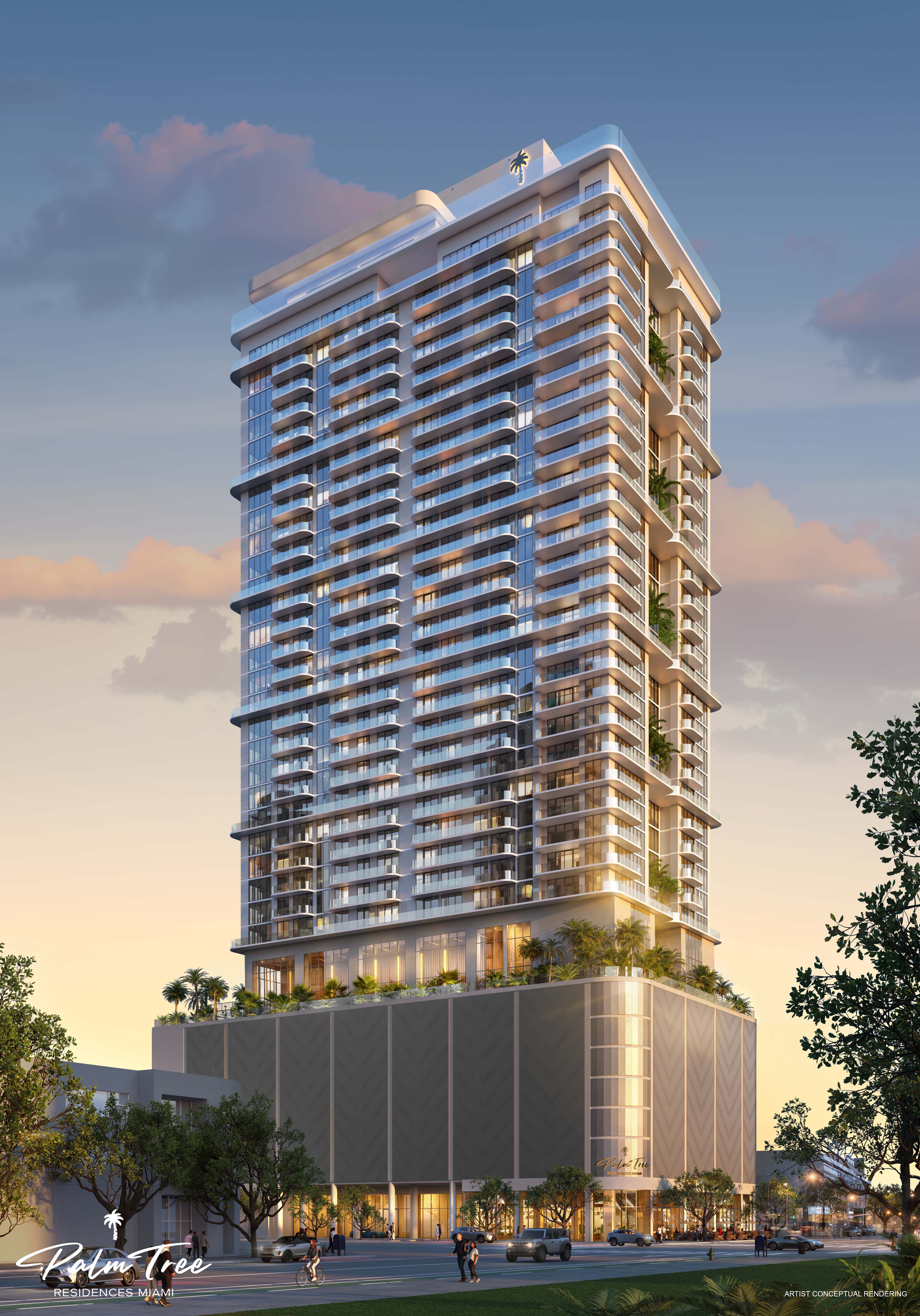 Palm Tree Residences Miami kulesi alacakaranlıkta — sanatçı konsept render'ı