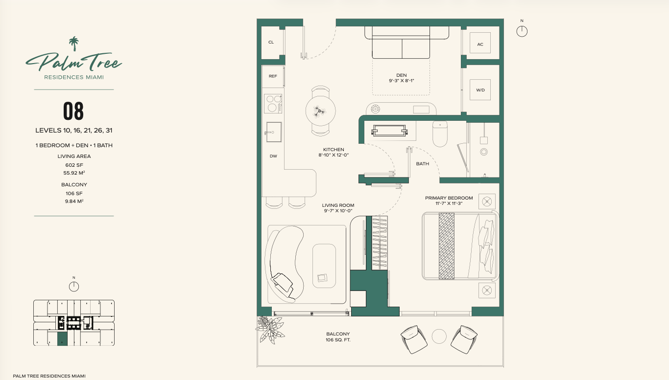 Rezidans 08 kat planı — 1 Yatak + Çalışma, 602 SF yaşam alanı, 106 SF balkon