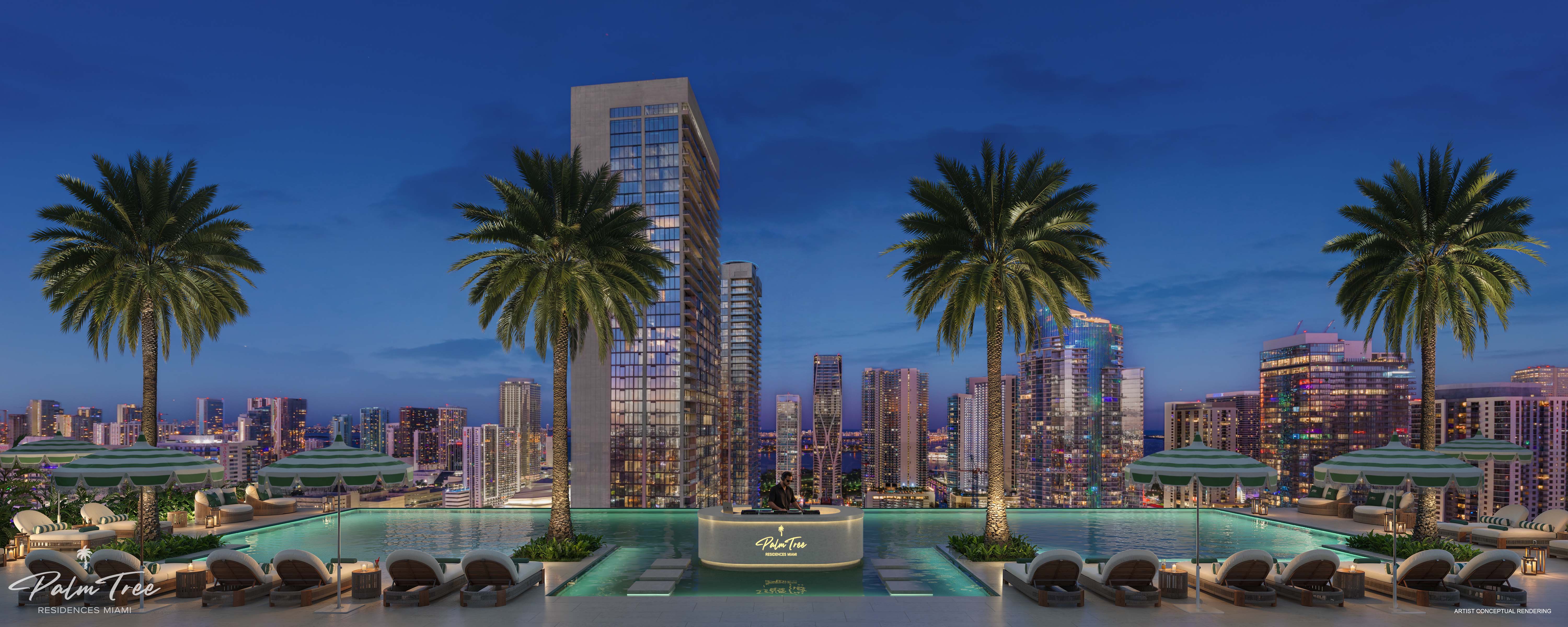 Rooftop havuz deck’inden Miami silüeti gece manzarası
